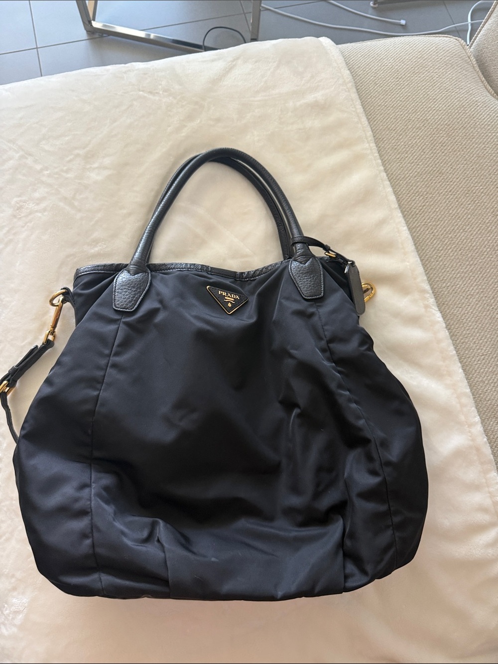 Prada Black Nylon Tote with Leather Handles and Gold Hardware